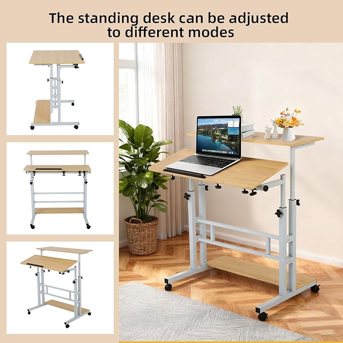 FAHKNS Small Standing Desk Portable Stand Up Desk with Wheels Adjustable Height Computer Desk for Home Reading Desk and Office Work