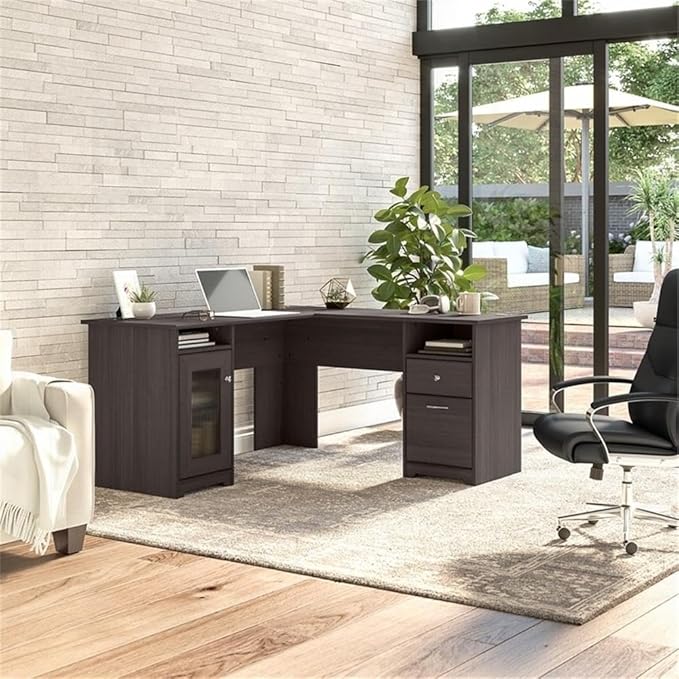 Pemberly Row 60 L-Shape Desk Engineered Wood in Heather Gray Durable Transitional Home Office Corner Desk with Storage Cabinet File Drawer Adjustable Shelf Wire Management Grommets