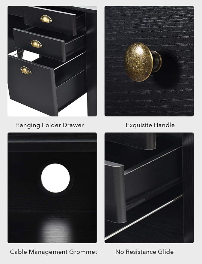 Catrimown Computer Desk with Drawers and Hutch Vintage Wood Home Office Desk Writing Study Teens Student Desk PC Laptop Table for Small Spaces Black