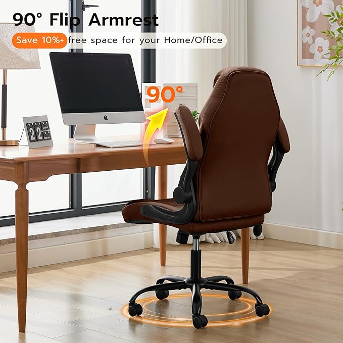 Office Desk Chair Ergonomic Computer Chair with Padded Flip-Up Arms and Adjustable Lumbar Support PU Leather Executive Chair with Tilt Lock and 360° Swivel Rolling Wheels for Work Study