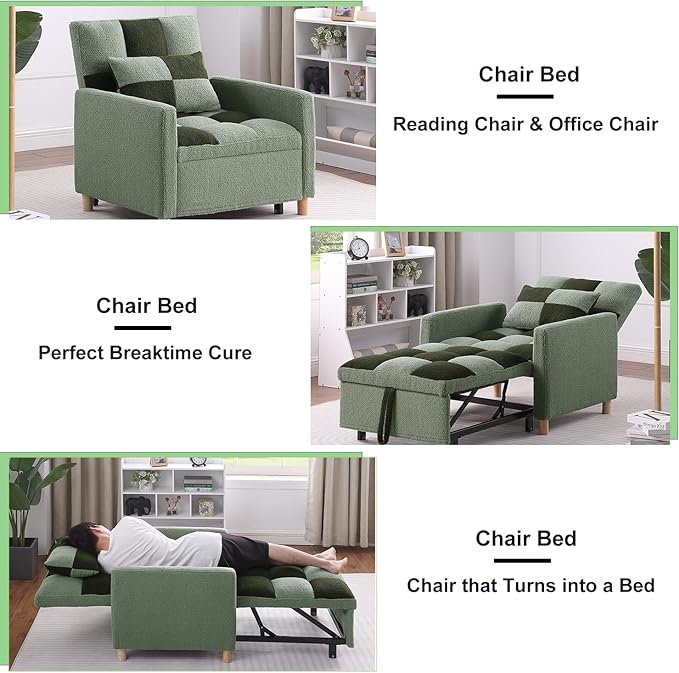 3-in-1 Sleeper Chair Bed for Living RoomConvertible Pull Out Chair Bed with Adjustable BackrestMulti-Functional Sofa Bed for Living Room (Green)