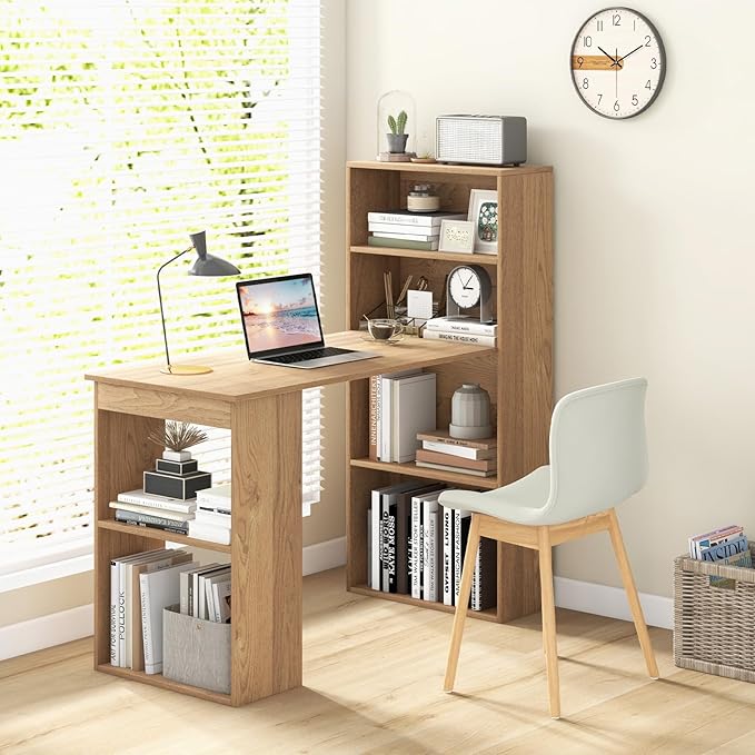 48 Inch Computer Desk with Bookshelf Reversible Study Writing Desk with Storage Shelves &amp CPU Stand Compact Office Desks &amp Workstations Small Desk for Bedroom Kids Room Study (Natural)