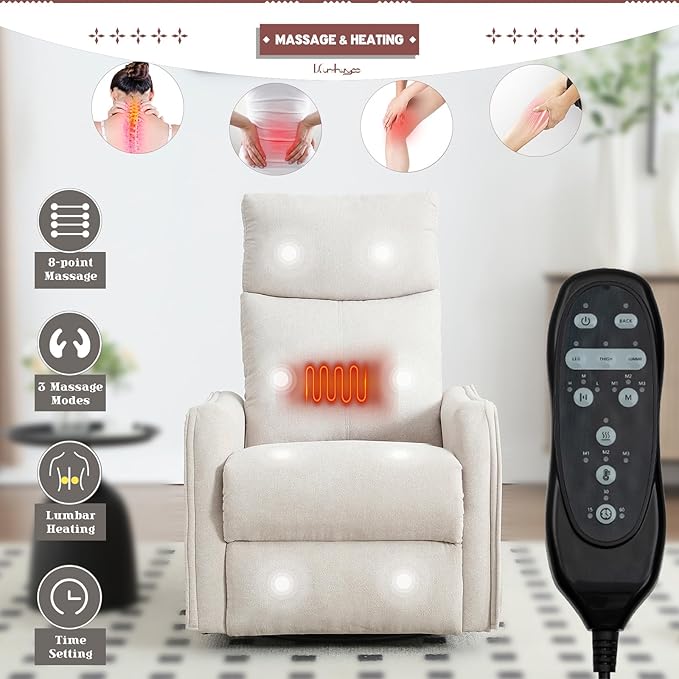 Rocking Recliner Chair with Heat and Massage 360° Swivel Glider Rocker with Reclining Backrest and Footrest Modern Nursery Rocking Chairs for Adults for Bedroom Living Room Office (Beige)