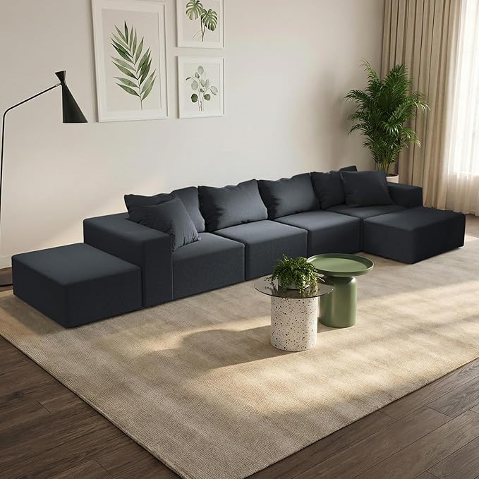 170” Modular L-Shaped Sectional Sofa Cloud Chenille Couch with 6 Pillows No-Assembly Customizable Sofa for Living Room &amp Bedroom Black