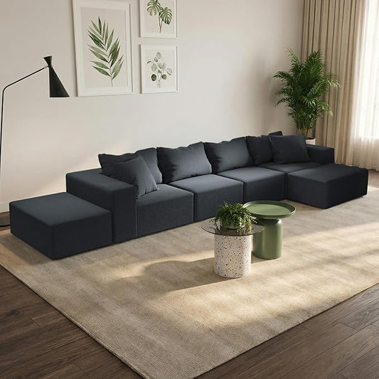 170” Modular L-Shaped Sectional Sofa Cloud Chenille Couch with 6 Pillows No-Assembly Customizable Sofa for Living Room &amp Bedroom Black