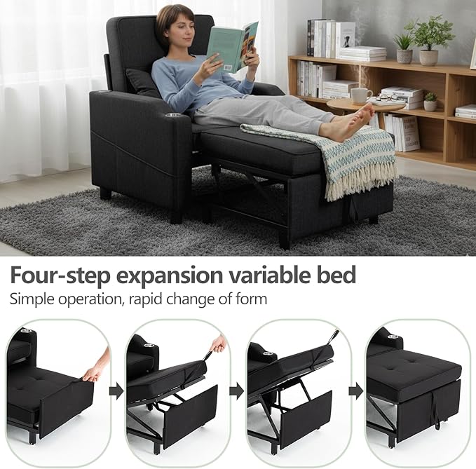 4-in-1 Convertible Sleeper Chair Bed Couch Bed with 5-Level Adjustable Backrest Futon Sofa Bed with USB Port&amp Cup Holder Multi-Functional Chaise Lounge Chair Sleeper Sofas for Living Room