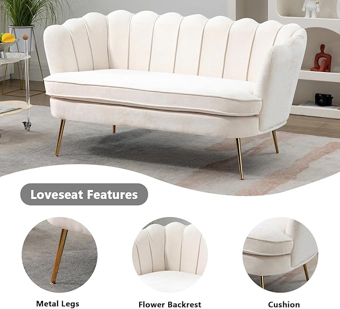 Anwick 59 Small Modern Chenille Loveseat Sofa 2-Seater Sofa with Gold Metal Legs Small Couch with Flower Shaped Back for Living Room Bedroom Office (Beige)