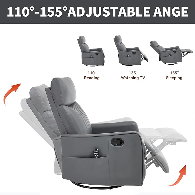 High Back Massage Recliner with Heat - Swivel Rocking Chair for Small Spaces Manual Lazy Boy Recliner for Adults Perfect for Living Room &amp Bedroom Soft Fabric (Grayish Green)