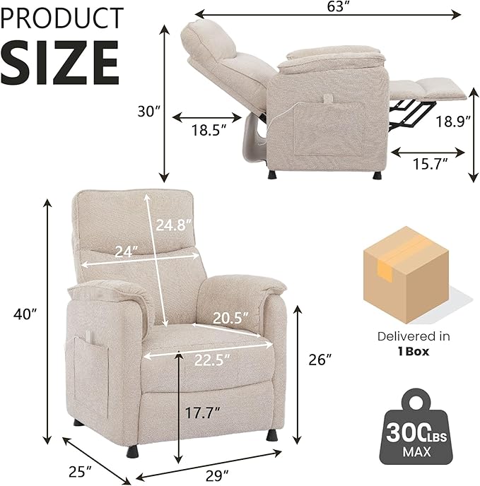 Small Electric Nursery Recliner Chairs for AdultsGrey Power Recliner Chairs with Remote &amp Side Pockets Fabric Reclining Chair for Living Room Bedroom Ofiice Comfort &amp Space-Saving (Beige)