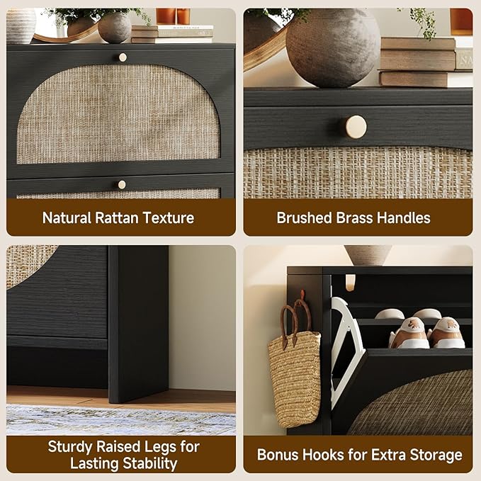 Nicetree Rattan Arched Accent Shoe Cabinet - Freestanding Ultra Slim for Entryway 2 Flip Drawers &amp 3-Tier Adjustable Shelves Farmhouse Modern Rustic Shoe Rack for Hallway Foyer Black