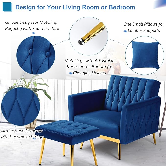 2 Pieces Velvet Futon Sofa Set with Adjustable Backrests and Armrests 70” Convertible Sofa Bed &amp Tufted Accent Chair with Ottoman for Living Room Blue