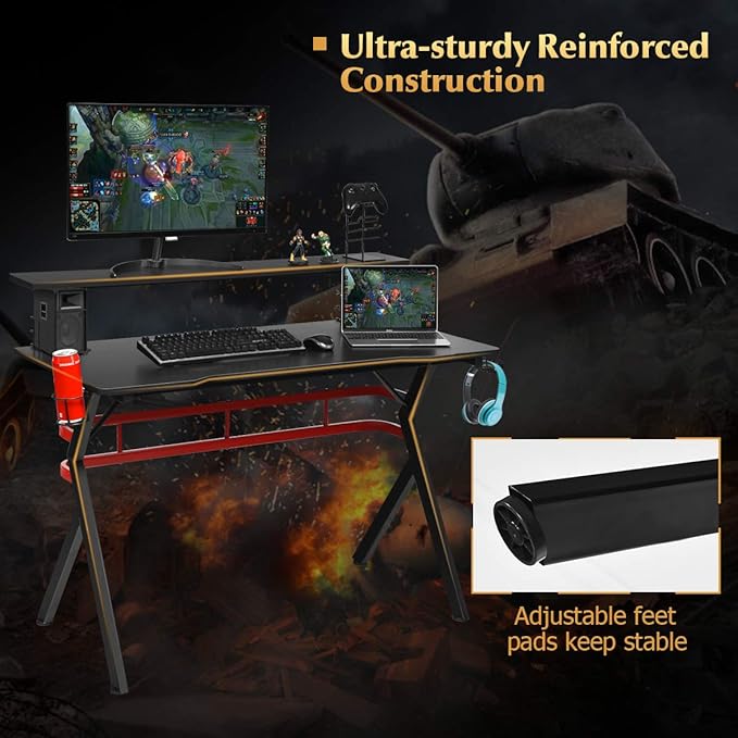 Tangkula Gaming Desk Professional Gamer Workstation with Cup Holder Headphone Hook Handle Rack Ergonomic PC Gaming Table with Monitor Stand E Sports Computer Desk Table for Home Office (Black)