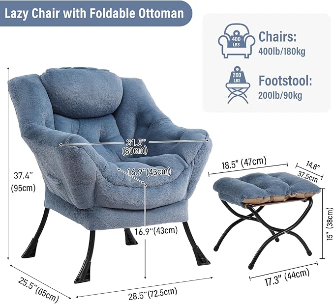 Lazy Chair with Ottoman Modern Accent Chair with Armrests and a Side Pocket Plush Light Blue Accent Chairs Reading Chairs Oversized Armchairs for Bedroom Study Living Room Courtyard