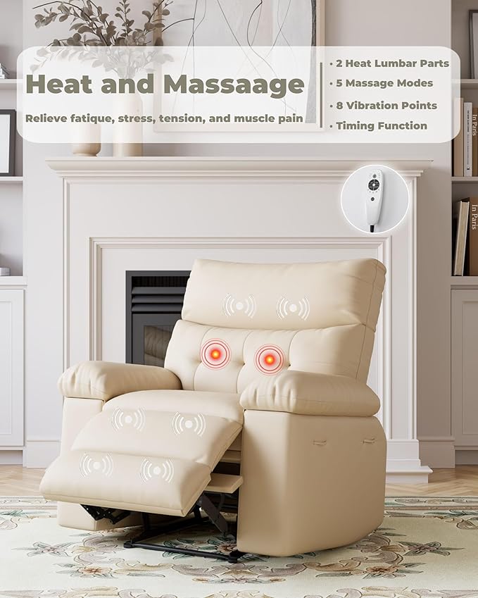 Garvee Oversized Recliner Chair Large Manual Recliner for Adults Lazy Chair PU Leather 1.5X Sponge Filling with Massage &amp Heat - Beige