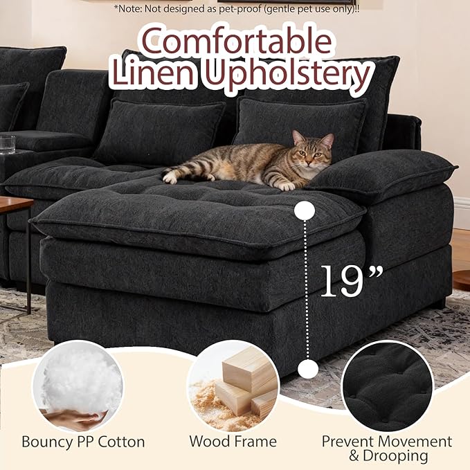 130 U-Shaped Modular Sectional Sofa Oversized Cloud Couches with Storage Console &amp Cup Holders Linen Sofa with Chaise/Pillows 6-Seater Deep Seat Couches for Living Room (Black) | Breathable ma