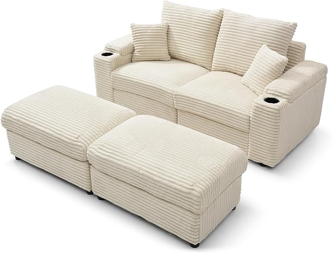 Corduroy Chaise Lounge with Storage Ottoman 70.8'' Comfy Loveseat with Cup Holders Oversized Deep Seat Cloud Couch with Pillows for Living Room (Beige Two Seats)