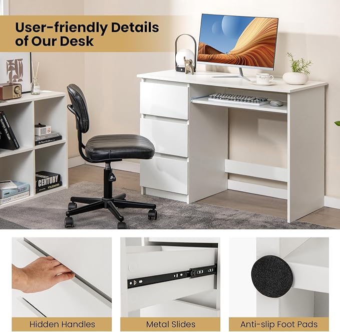 Nightcore 42” Computer Desk with Power Outlets Writing Desk with 3 Storage Drawer &amp Keyboard Modern PC Workstation Study Desk for Bedroom Home Office (White)