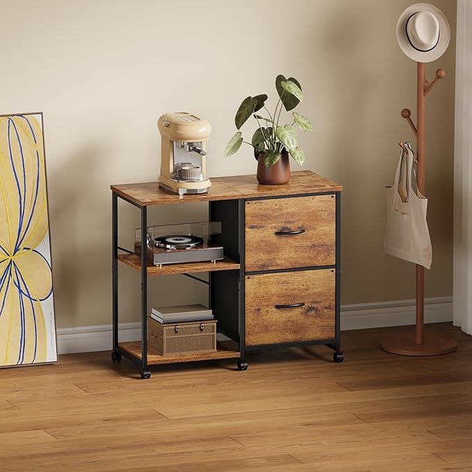 2-Drawer Fabric Lateral File Cabinet with Wheels Rolling Printer Stand with Open Storage Shelf for Home Office Rustic Brown