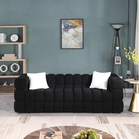 Comfy Marshmallow Loveseat Sofa3 Seater Boucle Cloud Couch with 2 Pillows Upholstered Love Seat with Throw Pillows Modern Living Sofa or Office Waiting Room (Black)