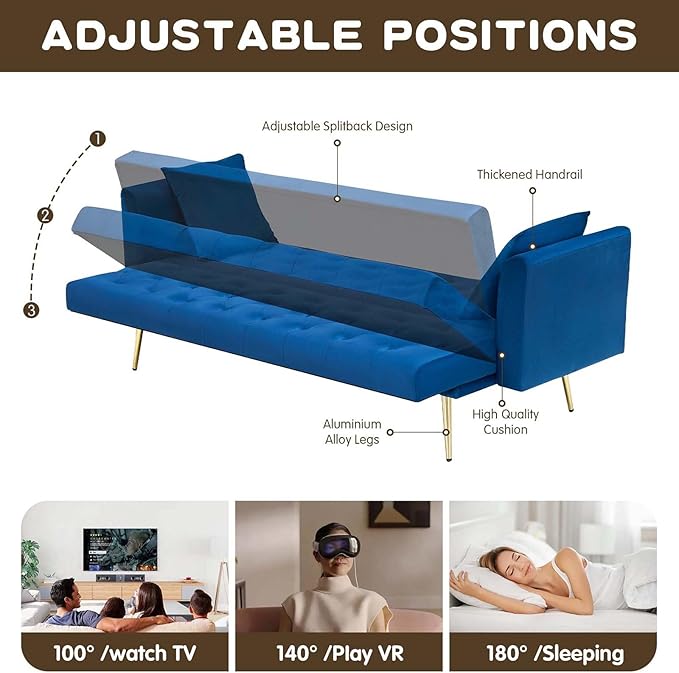71Convertible Futon Sofa Bed - Modern Velvet Sleeper Couch with Adjustable Backrest Tufted Recliner with Golden Chrome Legs &amp 2 Pillows Perfect for Small Spaces Living Room &amp Apartment (Bl