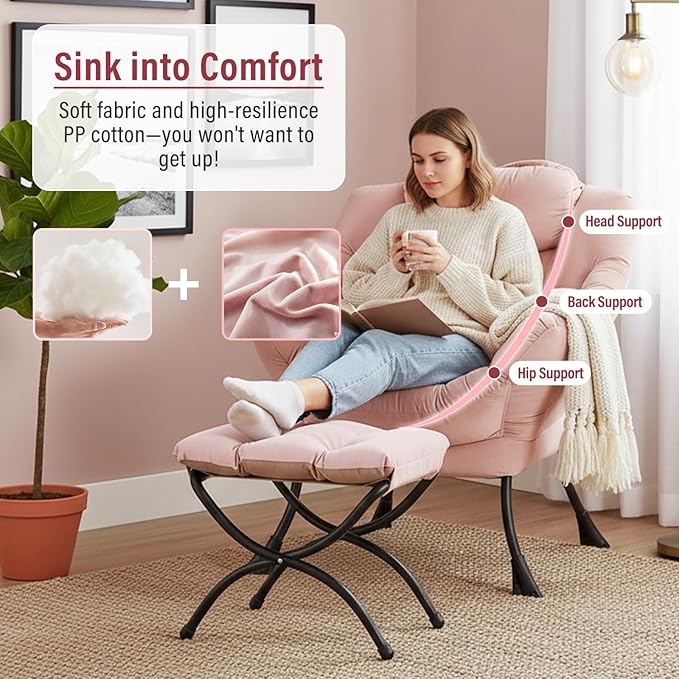 Lazy Chair with Ottoman Modern Chair with Folding Footrest Lounge Accent Chair Comfortable Reading Chair Oversized Armchairs for Bedroom Study Living Room Courtyard (Pink)