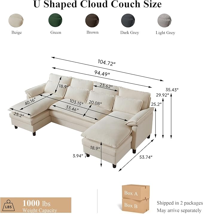 105 U Shaped Cloud Couch Sectional 4 Seat Home Sofa Living Room Comfy Couches with Storage Ottoman Double Layer Cushion Modular Sofas for Bedroom Apartment and Office Beige