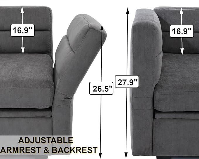 asunflower Modular Sectional Small Couch with Storage Seats 3 Seater Couch with Ottoman Storage L Shaped Sectional Sofa for Small Spaces with Reclining Arms and BacksPillows Included Dark Gray