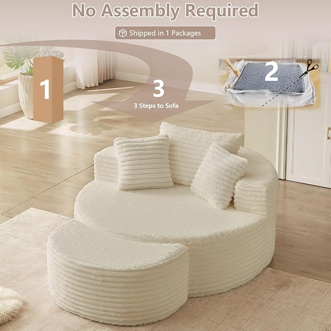 74.6 Oversized Round Chaise Lounge Chair with Ottoman Indoor Fluffy Upholstered Corduroy Deep Seat Large Boneless Circle Couch Sofa Chairs for Living Room Bedroom No Assembly Required White