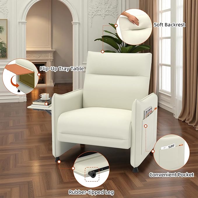 Faux Leather Accent Chair Sofa for Living Room with Flip-Up Tray Table Side Pocket Ergonomic Soft Backrest &amp Elastic CushionBeige