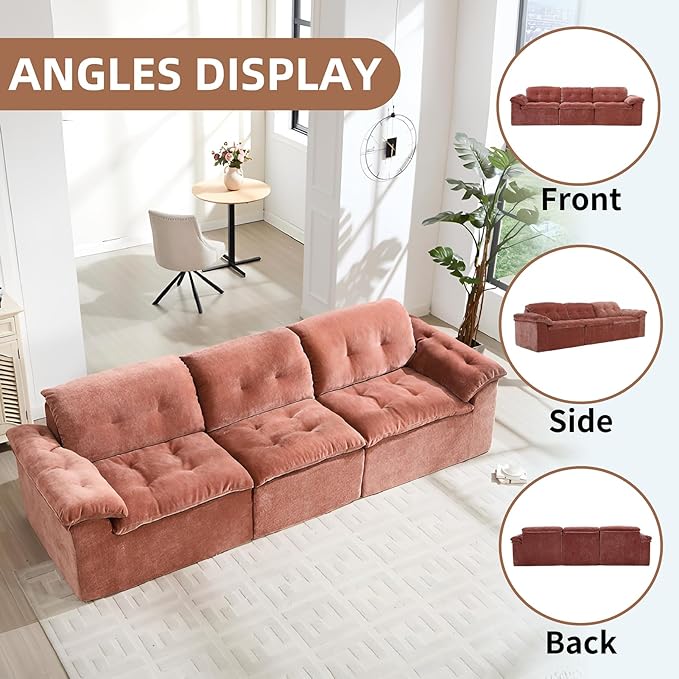 118” Cloud Sectional Couch Deep Seat Boneless Sofa for Living Room with 3 Seater Chaise Comfy Chenille Modular Sectional Sofa Made of Memory Foam No Assembly Required (Orange)