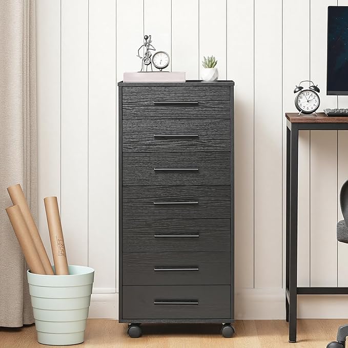 HOOBRO 7-Drawer File Cabinet Wooden Office Cabinet with Drawers Mobile Storage Cabinet for Home Office Study Easy Assembly Black BK07WJ01