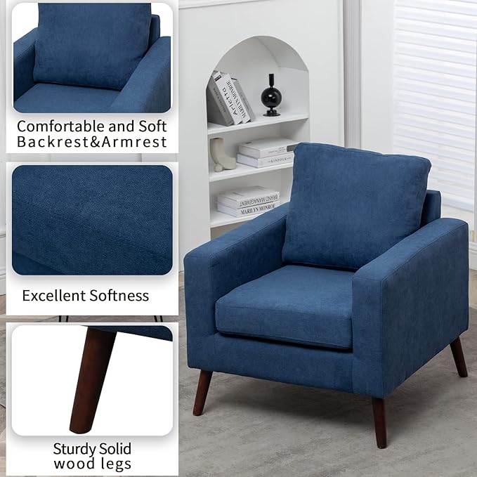 Modern Armchair Living Room Chair upholstered Upholstery Chair with Solid Wood Legs Sofa for Home Office Guests Dark Blue