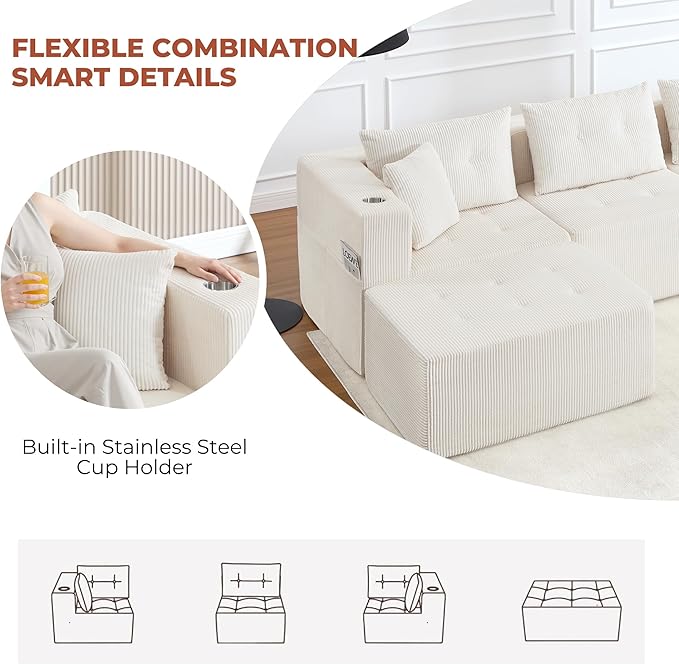 73 Loveseat Modular Sectional Sofa Oversized 2-Seater Boneless Tufted Cloud Couch with Cup Holder Corduroy Upholstery Small Couches for Living Room No Assembly Beige