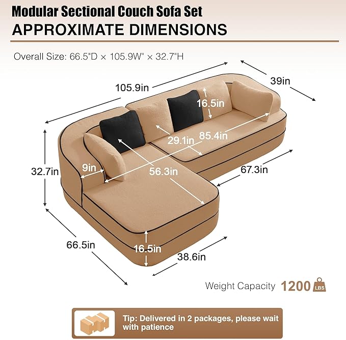 105.9 Modular Sectional Couch Sofa for Living RoomHigh Density Sponge Boneless Sofa with Left ChaiseL-Shaped Cloud Couch with Soft Teddy FabricNo Assembly RequiredCamel