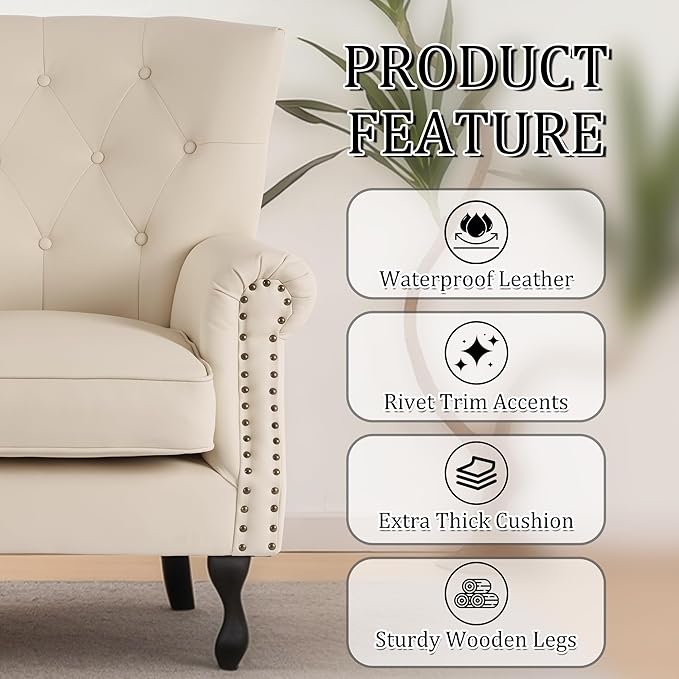 Modern Faux Leather Accent Chair Upholstered Mid-Century Armchair with Solid Wood Legs Single Sofa Chair for Living Room Bedroom or Reading Room（Ivory White）
