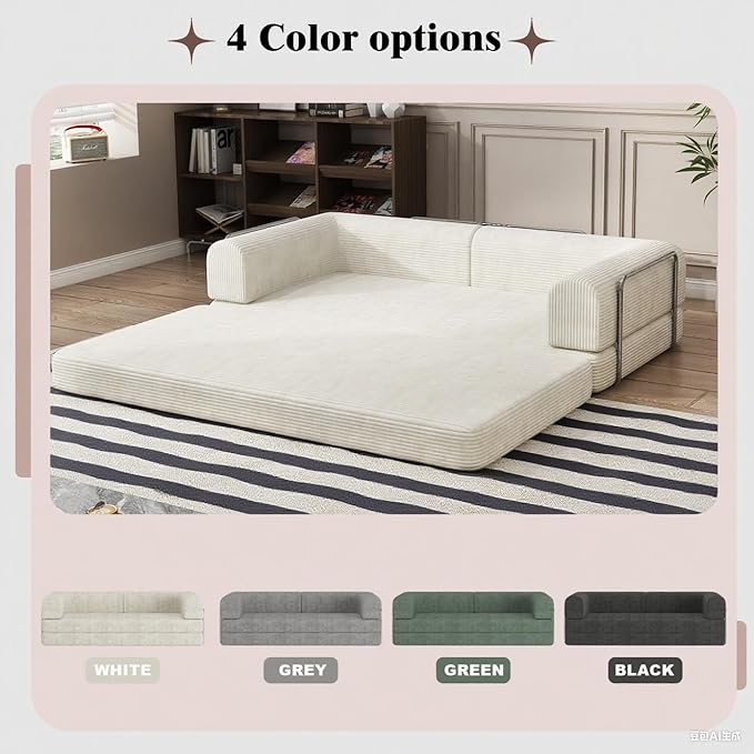 Convertible Corduroy Sleeper Sofa BedFolding Mattress Couch with Fixed-Shape Frame 3 Seater Fold Out King Size FutonNo Assembly Floor Couch for Living Room Dorm Studio 78.7*39.4*29.6 Inch Beige