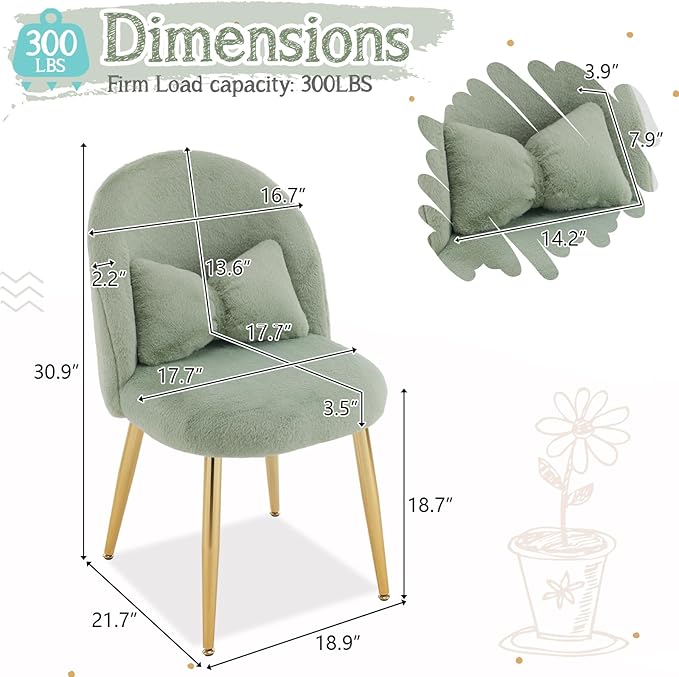 VINGLI Fluffy Girls Vanity Chair with Back &amp PillowCute Small Cozy Desk Chair No WheelsComfy Makeup Ch with Ajustable Gold Legsfor BedroomLiving RoomSmall SpaceGreen