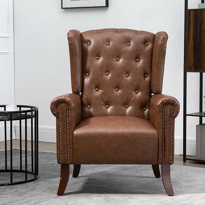 Faux Leather Accent Chair Mid-Century Armchair Upholstered Club Sofa Chair with Wooden Legs High Back Living Room Chair for Bedroom Office Lounge (Brown)