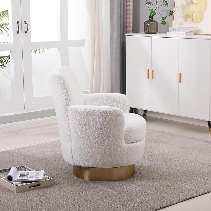 SLEERWAY 360° Swivel Barrel Chair Set of 2 28.3 Modern Teddy Round Accent Chair Comfy Upholstered Small Armchair with Gold Metal Base for Living Room Bedroom Nursery Office Sillas para Sala Ivory