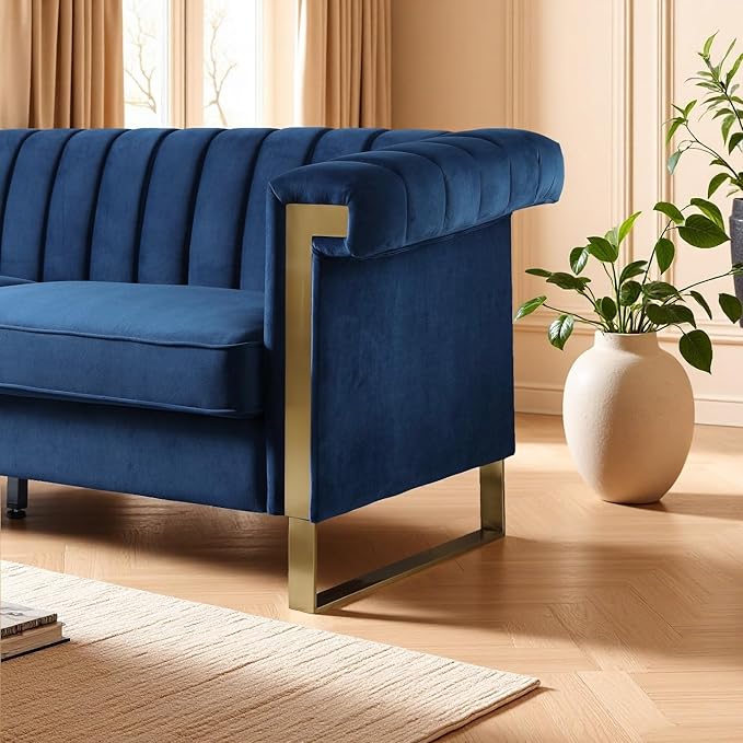 KEIKI 84 Velvet Sleek Channel-Tufted Sofa with Armrest and Back Cushions Modern Style Gold Accents 3-Seater Upholstery Couch with Solid Legs Easy Assembly for Living Room Bedroom Apartment Blue