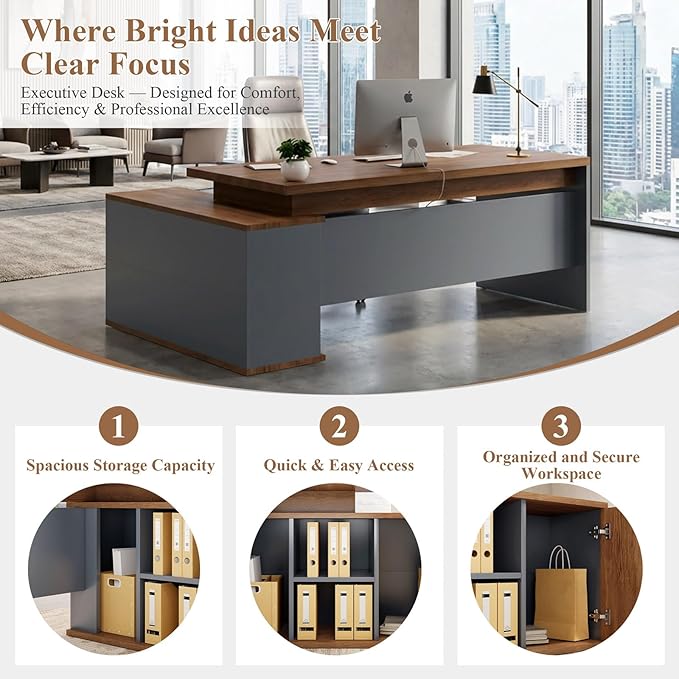 70.8 L-Shaped Executive Desk with File Drawers and Storage Cabinet Modern Large Office Desk Computer Workstation Walnut &amp Gray (Walnut &amp Gray 70.87IN)