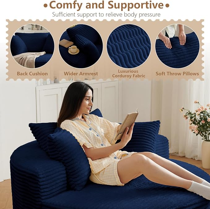 Oversized Round Chair Lounge Chaise Indoor Upholstered Corduroy Deep Seat Cloud Large Circle Sofa Chair No Assembly Required Fluffy Modern Sleeper Sofa Bed for Reading Living Room Dark Blue