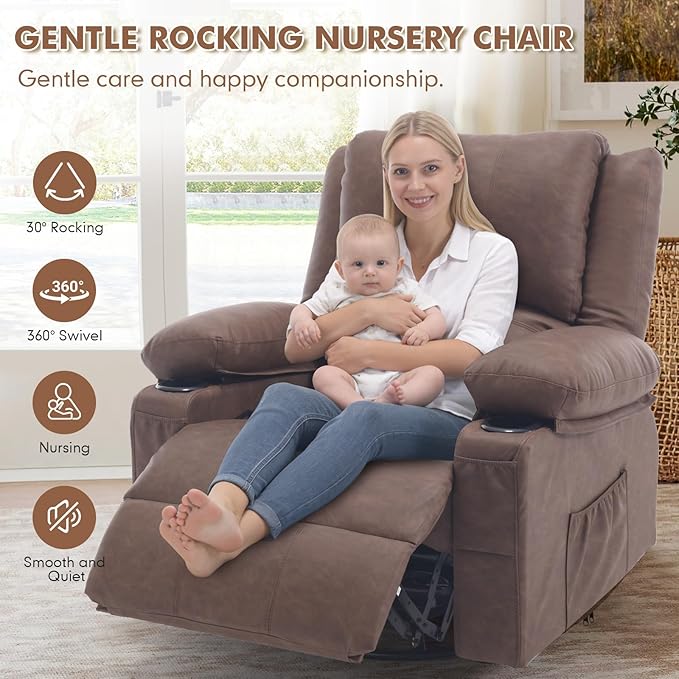 Faux Leather Swivel Rocker Recliner with Heat and Massage Cup Holders Overstuffed Rocking Glider Chair Heated Massaging Reclining Chair Earthy Brown