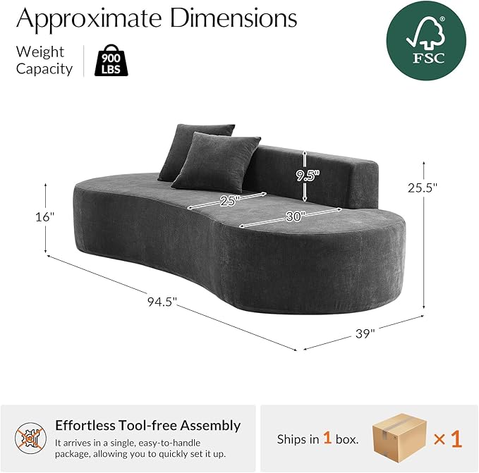 HULALA HOME 94.5 Curved Boneless Couch with Two Pillows Oversized 3 Seater Compressed Foam Sofa with Deep Seat Modern Cloud Couch for Living Room No Assembly Required Charcoal
