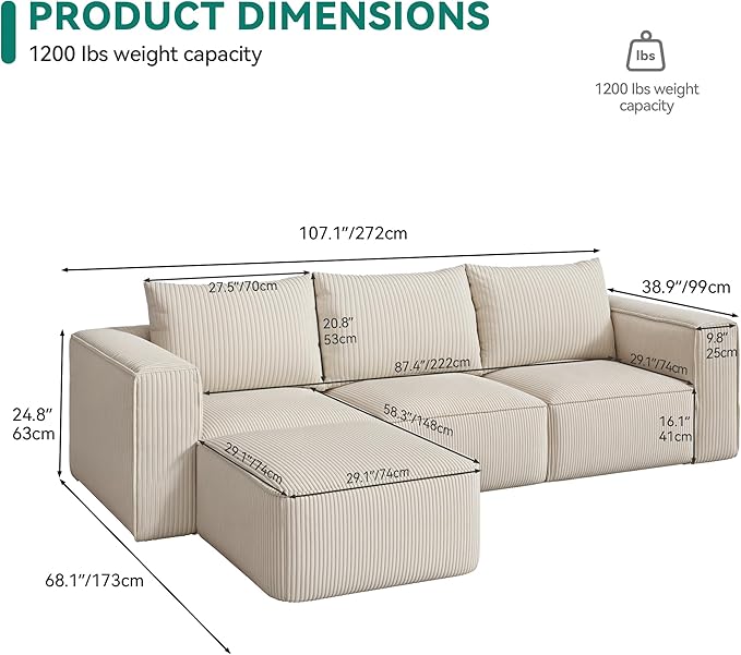 DWVO 107 Inch Cloud Sectional Couch with L-Shape Chaise Deep Seat Sofa with 3 Pillows 1 Ottomans Corduroy Upholstered Modular Sofa for Living Room Bedroom No Assembly Required Milky White
