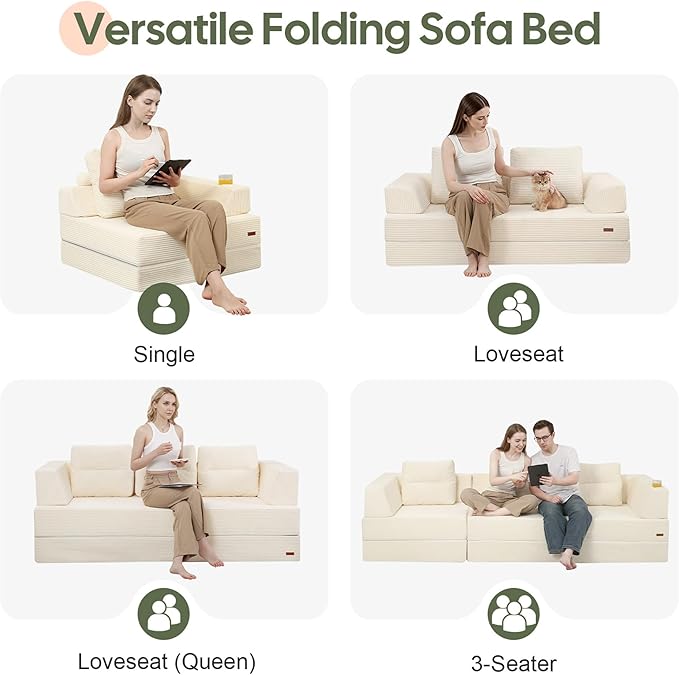 COMAX Folding Sofa Bed Foldable Couch for Bedroom Corduroy Convertible Floor Sleeper Futon Chair Foam 3 in 1 Fold Out Chair Portable Comfy Lounge Couch Single Sofa Bed for Small Space Guest Room