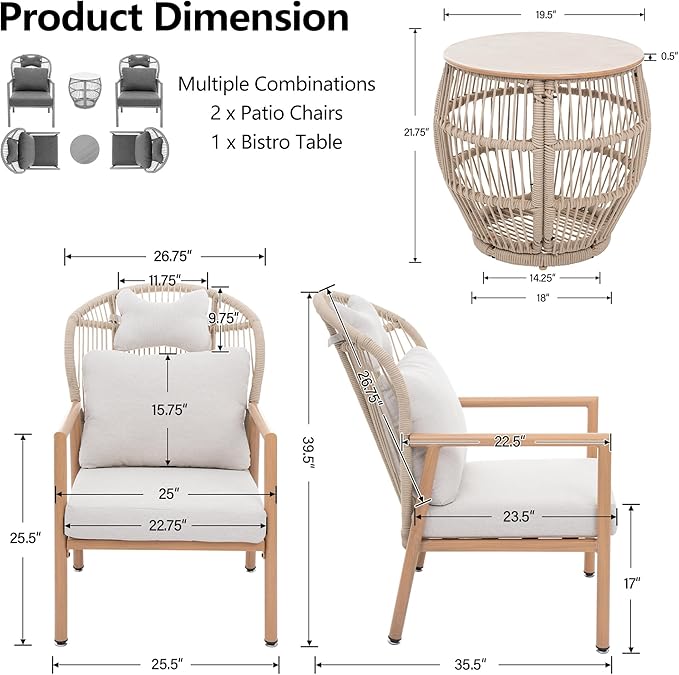 Modern Living Room Chairs Accent Chairs Set of 2 with Coffee Table Comfy Arm Chair with Cushions Rattan Reading Lounge Chair with Metal Frame Armchair for Bedrooom/Indoor/Outdoor Beige
