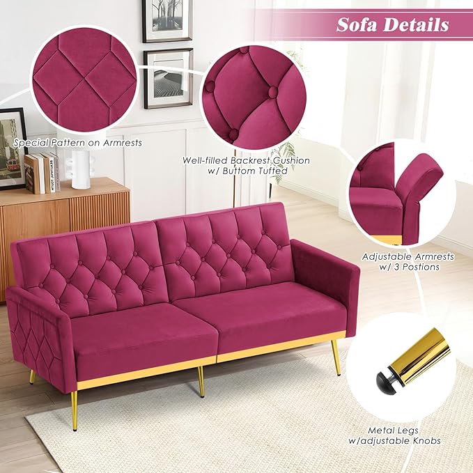 Velvet Sofa Bed w/Adjustable Armrests and Backrests Modern Convertible Sleeper Sofa Tufted Futon Sofa for Bedroom Living Room Apartment Fuchsia