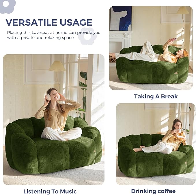 MAXYOYO Bean Bag Chair for Adults Loveseat Floral Shaped Bean Bag Sofa Ultra Soft Love Seat Mini Sofa Couch Faux Fur Reading Chair for Living Room Bedroom Green