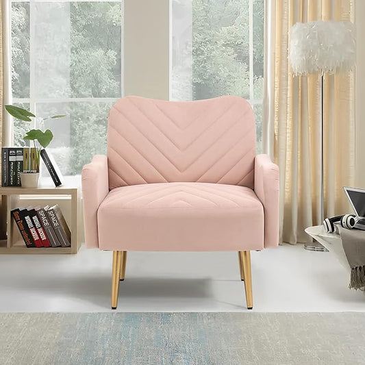Velvet Accent Chair Comfy Upholstered Living Room Arm Chair Single Reading Sofa Chairs for Bedroom Office Small Spaces Waiting Room Furniture (Pink Chair)